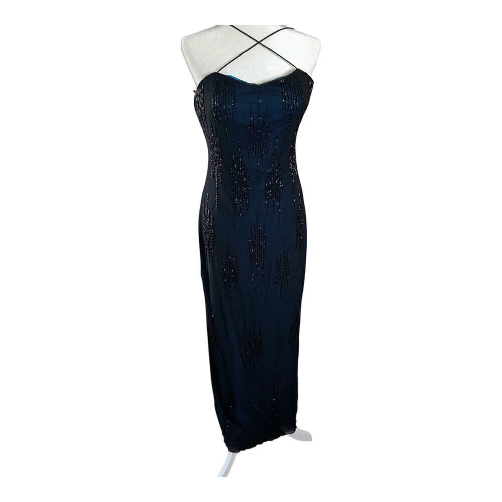 Vintage beaded black and blue gown sz 8 - Picture 5 of 8